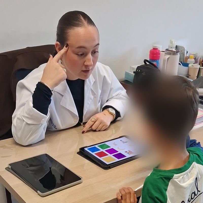 A Terapeuta da Fala Inês Castro a explicar um exercício a uma criança, numa sessão com tablet